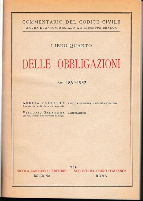 Libro quarto - Deele obbligazioni. Art. 1861-1932 - Andrea Torrente - copertina
