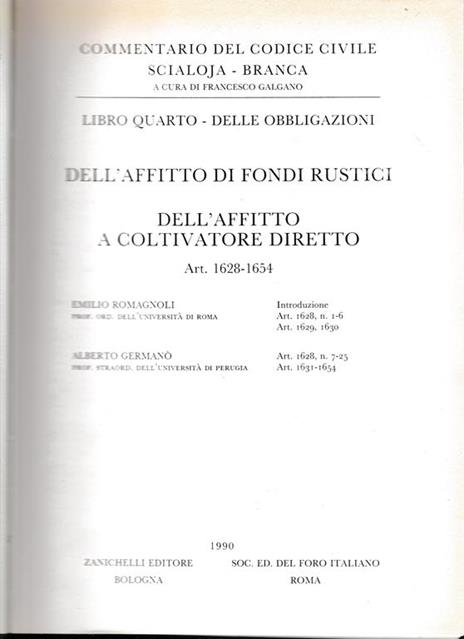 Libro quarto - Delle obbligazioni. Dell'affitto di fondi rustici, dell'affitto a coltivatore diretto. Art. 1628-1654 - Edmondo Romagnoli - copertina