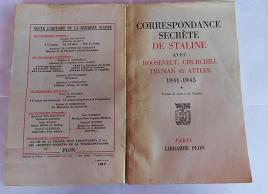 Correspondance secrete de Staline avec Roosevelt, Churchill Truman et Atllee 1941-1945 volume I - copertina