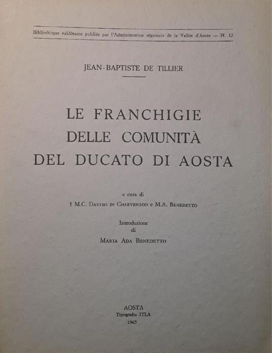 Le franchigie delle comunità del ducato di Aosta - Jean-Baptiste de Tillier - copertina