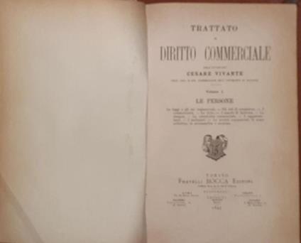 Trattato di Diritto Commerciale. Volume I. Le persone - Cesare Vivante - copertina