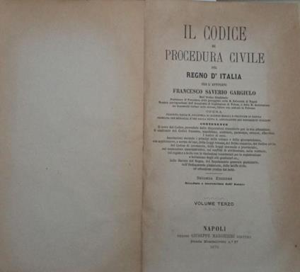 Il codice di procedura civile del regno d'Italia. Volume III - Saverio Gargiulo - copertina