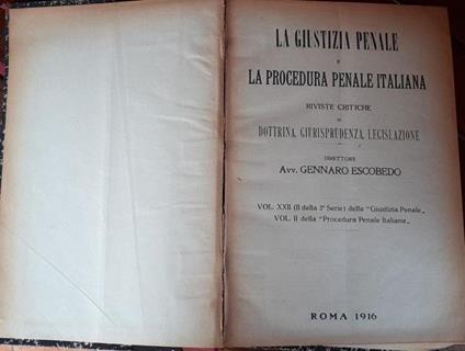 La giustizia Penale rivista critica di dottrina, giurisprudenza, legislazione. Volume XLI. Parte terza: Le leggi speciali - Gennaro Escobedo - copertina