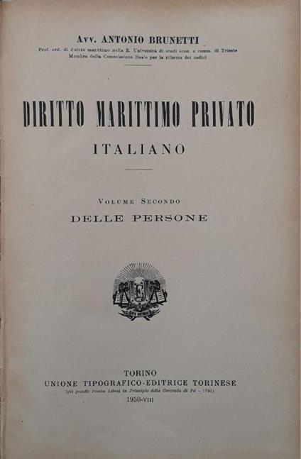 Diritto marittimo privato italiano (volume secondo) delle persone - Antonio Brunetti - copertina