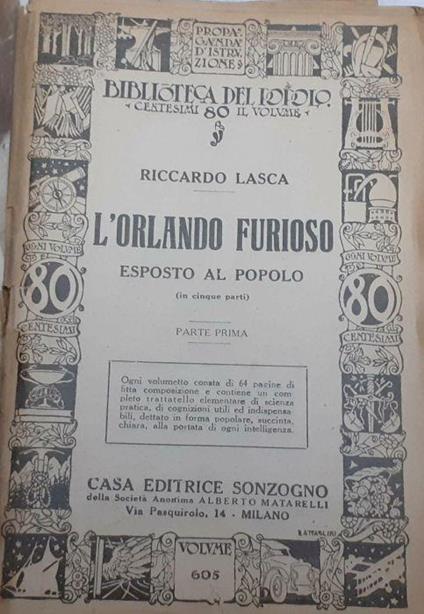 L' Orlando Furioso esposto al popolo. Parte prima - Riccardo Lasca - copertina