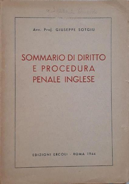 Sommario di diritto e procedura penale inglese - Giuseppe Sotgiu - copertina
