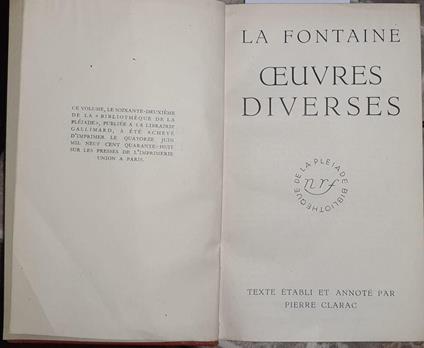 Oeuvres diverses - Jean de La Fontaine - copertina