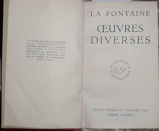 Oeuvres diverses - Jean de La Fontaine - copertina