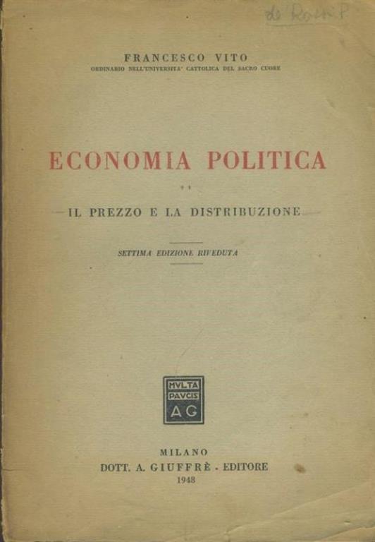 Economia politica. Il prezzo e la distribuzione - Francesco Vito - copertina