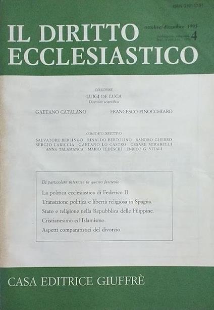 Il Diritto Ecclesiastico. N. 4: ottobre-dicembre 1985 - copertina