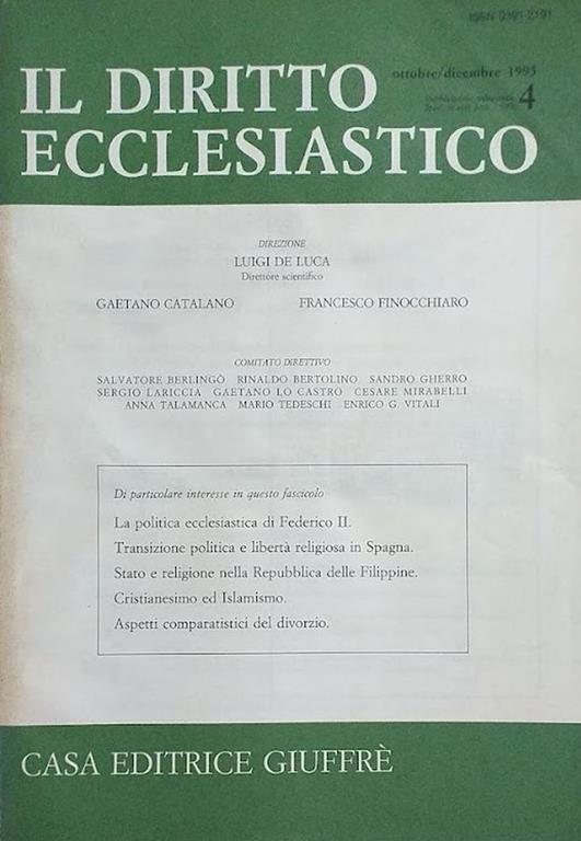 Il Diritto Ecclesiastico. N. 4: ottobre-dicembre 1985 - copertina