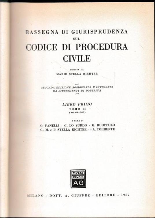 Rassegna Di Giurisprudenza Sul Codice Di Procedura Civile. libro primo. Tomo II. Art. 69-162 - Mario Stella Richter - copertina
