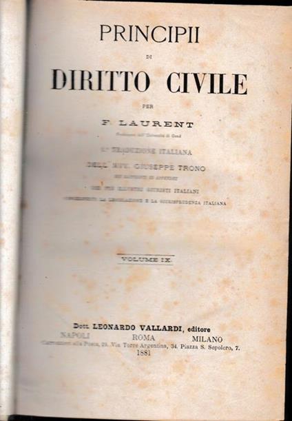Principii di Diritto Civile, vol. 9 - F. Laurenti - copertina