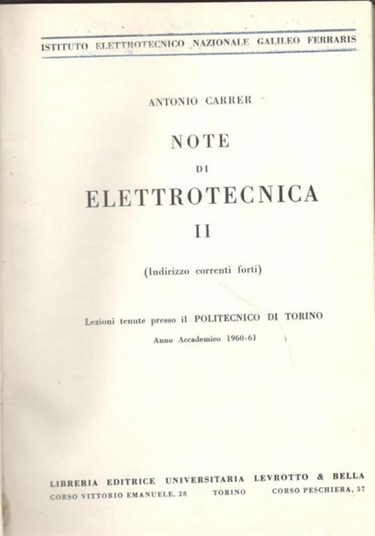 Note di elettrotecnica II (indirizzo correnti forti) - Antonio Carriero - copertina
