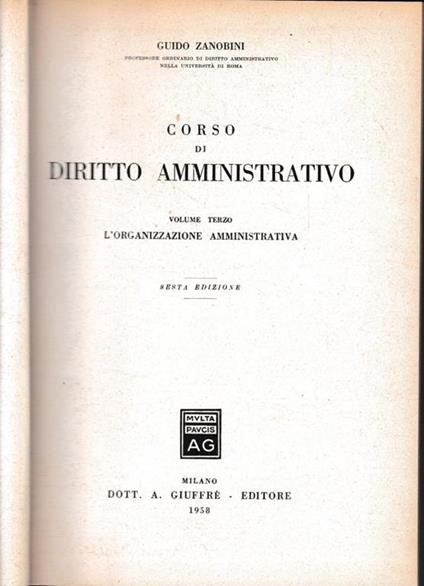 Corso di Diritto amministrativo, vol. 3° - Guido Zanobini - copertina