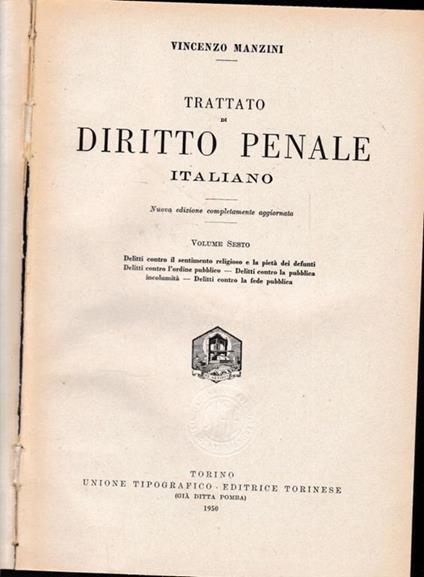 Trattato di diritto penale italiano, vol. 6° - Vincenzo Manzini - copertina