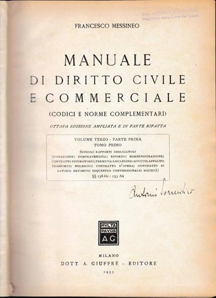 Manuale di diritto Civile e Commerciale (codici e norme complementari) vol. III, parte prima, tomo I - Francesco Messineo - copertina