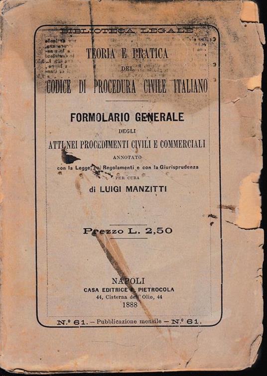 teoria e pratica del Codice di Procedura Civile Italiano: Formolario Generale. Pubblicazione mensile, n. 61 - copertina