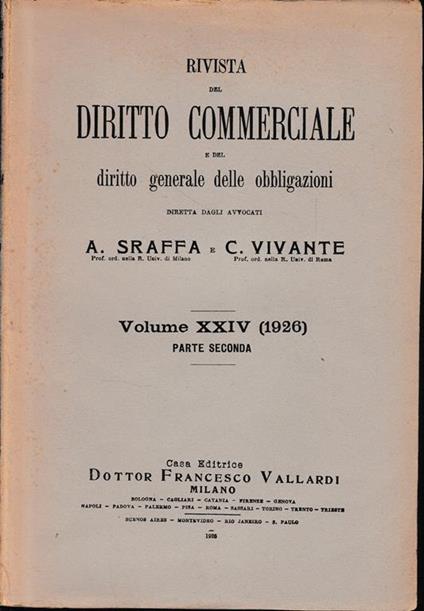 Rivista del Diritto Commerciale e del diritto generale delle obbligazioni, volume XXIV (1926) parte seconda - copertina