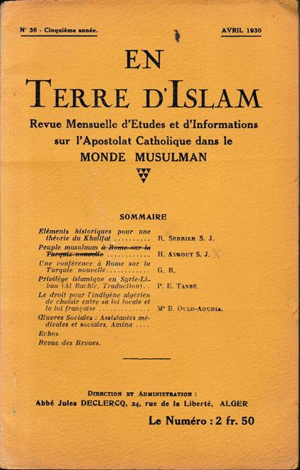 En Terre d'Islam. N. 36, Avril 1930 - copertina