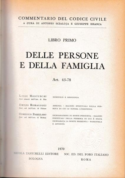 Commentario del Codice Civile, libro primo. Delle persone e della famiglia artt. 43-78 - copertina