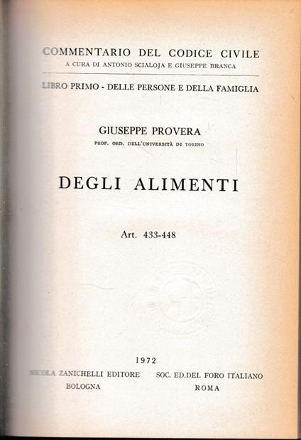 Commentario del Codice Civile, libro primo - delle persone e della famiglia. Degli alimenti, art. 433-448 - Giuseppe Provera - copertina