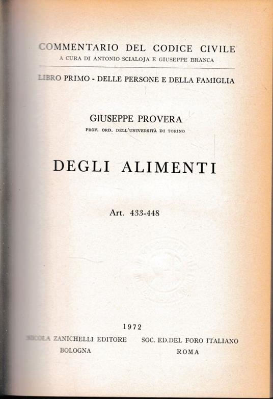 Commentario del Codice Civile, libro primo - delle persone e della famiglia. Degli alimenti, art. 433-448 - Giuseppe Provera - copertina