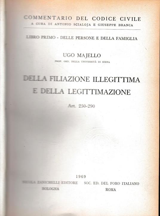 Commentario del Codice Civile, libro primo - delle persone e della famiglia. Della filiazione illegittima e della legittimazione, art. 250-290 - Ugo Majello - copertina