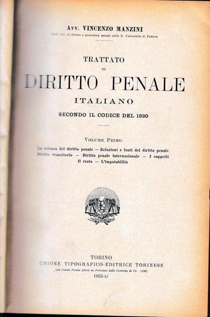 Trattato di Diritto Penale Italiano secondo il codice del 1930, vol. 1° - Vincenzo Manzini - copertina