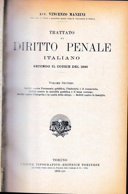 Trattato di Diritto Penale Italiano secondo il codice del 1930, vol. 7° - Vincenzo Manzini - copertina