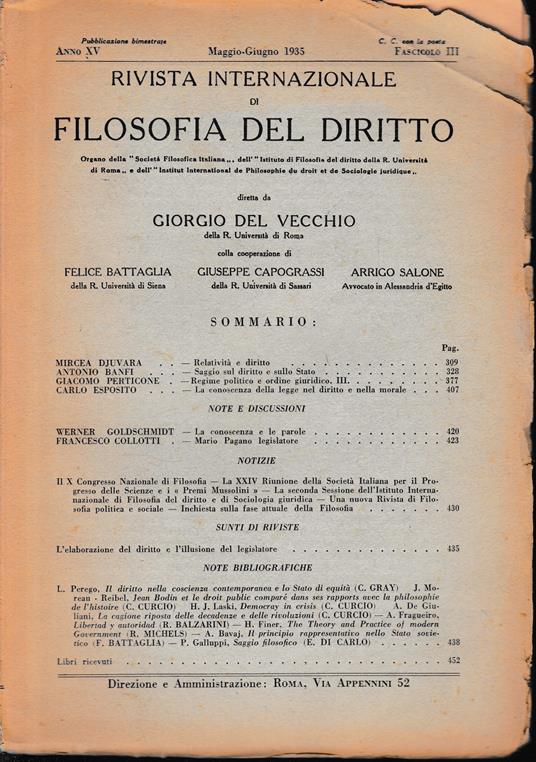 Rivista Internazionale di Filosofia del Diritto - Giorgio Del Vecchio - copertina