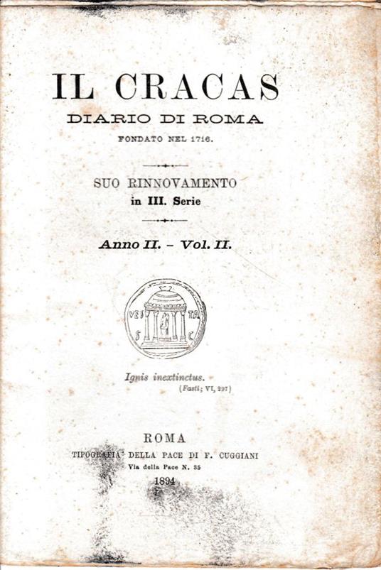 Il Cracas. Diario di Roma. Vol. 2. III serie, 1 Aprile 1894, anno II, n. 12 - copertina