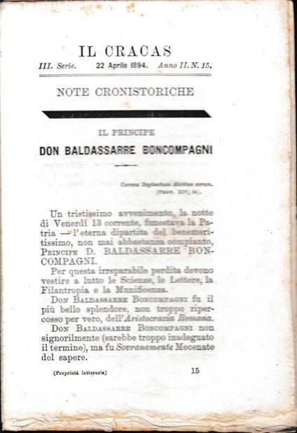Il Cracas. Diario di Roma. Vol. 2. III serie, 22 Aprile 1894, anno II. n. 15 - copertina