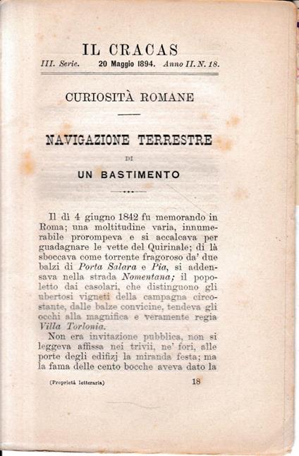 Il Cracas. Diario di Roma. Vol. 2. III serie, 20 Maggio 1894, anno II, n. 18 - copertina