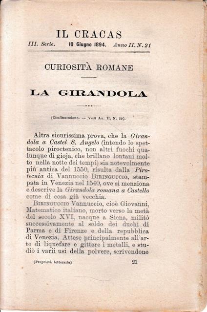 Il Cracas. Diario di Roma. Vol. 2. III serie,10 Giugno 1894, anno II, n. 21 - copertina