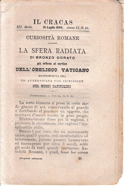Il Cracas. Diario di Roma. Vol. 3. III serie, 15 Giugno 1894, anno II, n. 25 - copertina