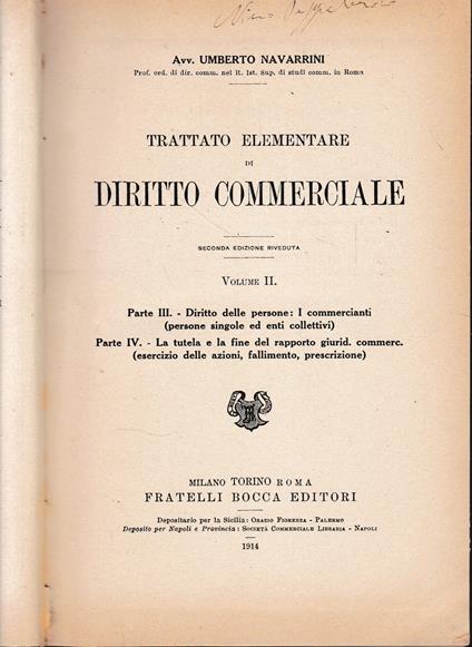 Trattato elementare di Diritto Commerciale, vol. 2° - copertina