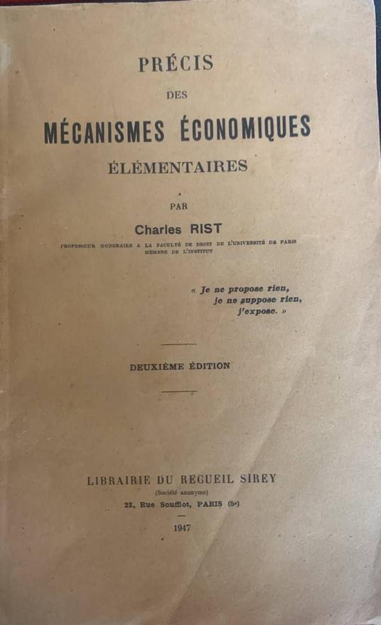 Précis des Mécanismes economiques élémentaires - copertina