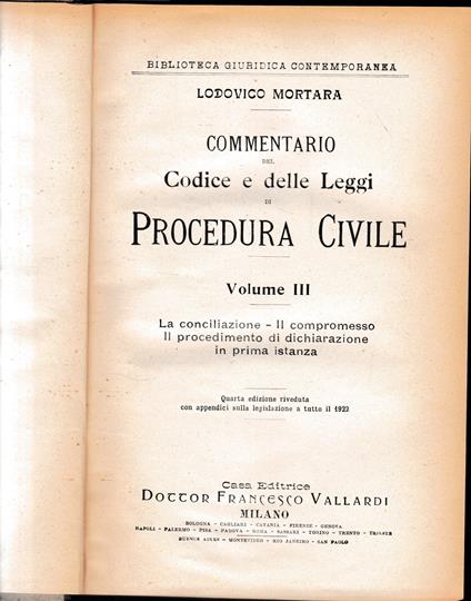 Commentario del Codice e delle Leggi di Procedura Civile, vol. 3° - Lodovico Mortara - copertina