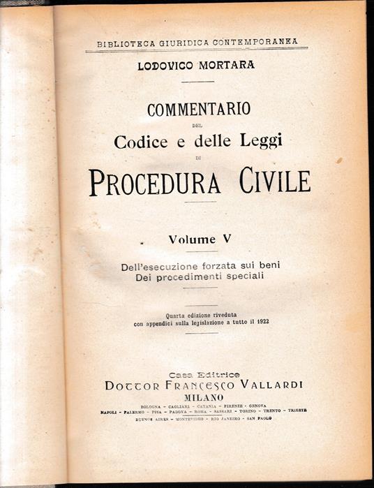 Commentario del Codice e delle Leggi di Procedura Civile, vol. 5° - Lodovico Mortara - copertina