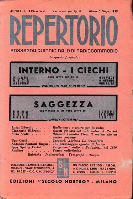 Repertorio. Rassegna quindicinale di radiocommedie. Anno 1, n. 4. 1949 - Umberto Colombini - copertina