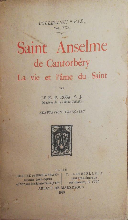 Saint Anselme de Cantorbéry, La vie et l'àme du Saint - Anonimo - copertina
