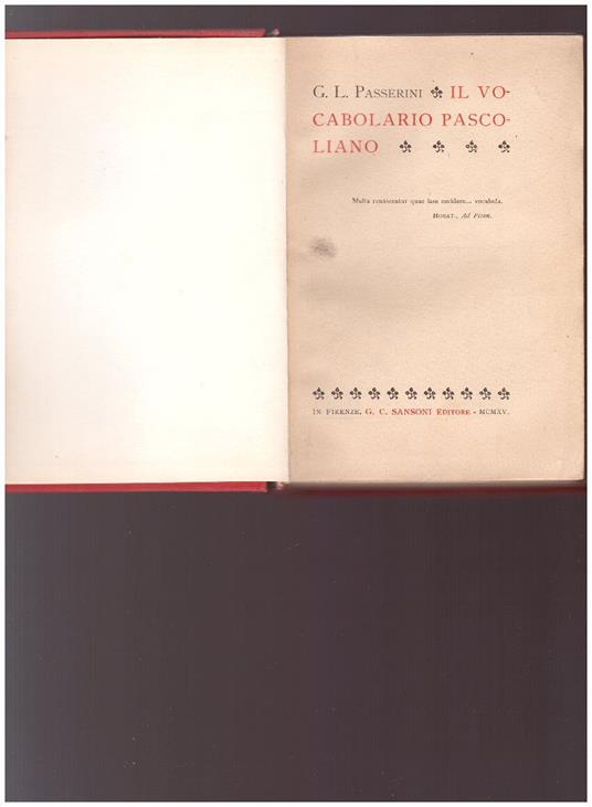 Il Vocabolario Pascoliano - G. Passerini - copertina