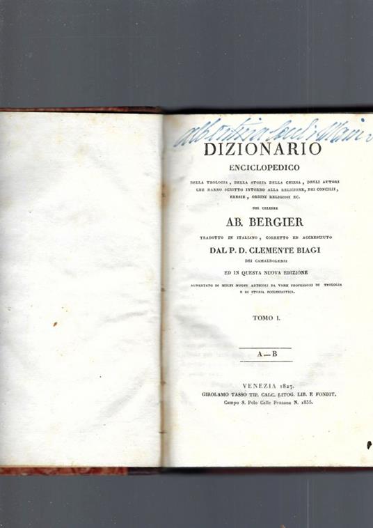 Dizionario Enciclopedico Dellateologia Ecclesiastica , Tomo I - copertina