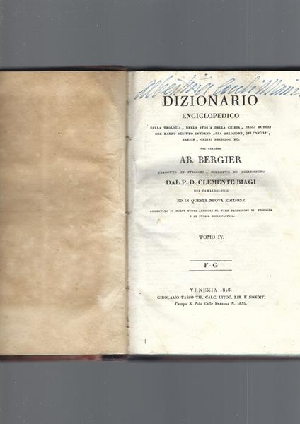 Dizionario Enciclopedico Della Teologia Ecclesiastica, Tomo Iv - copertina