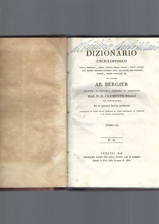 Dizionario Enciclopedico Della Teologia Ecclesiastica, Tomo Iv - copertina