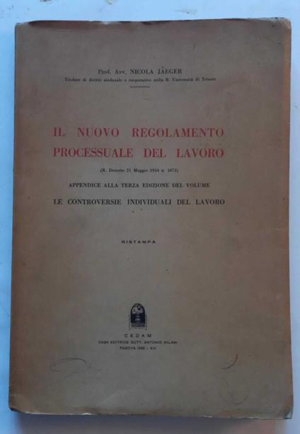 Il nuovo regolamento processuale del lavoro - Nicola Jaeger - copertina