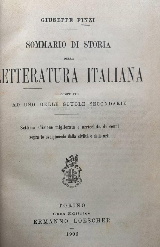 Sommario di storia della letteratura italiana - Giuseppe Finzi - copertina