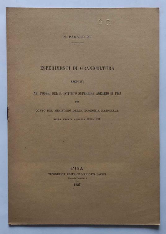 Esperimenti di granicoltura - Napoleone Passerini - copertina