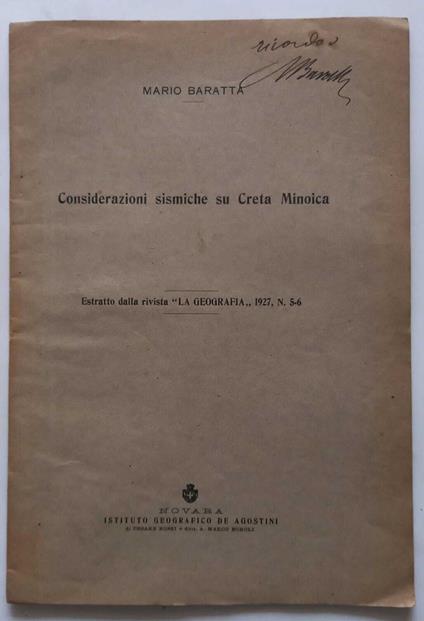 Considerazioni sismiche su Creta Minoica. (Estratto) - Mario Baratta - copertina